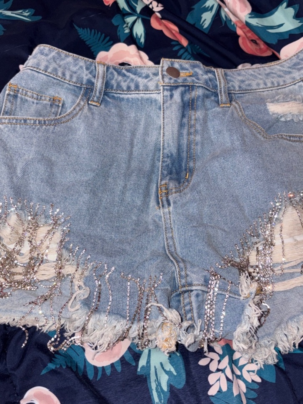 Jean shorts with bedazzled rhinestones